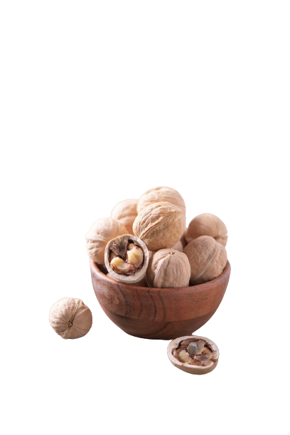 walnut nuts in wooden bowl